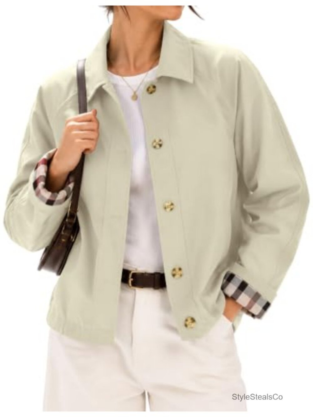 Women's Short Trench Jacket with Plaid Lining, Lightweight Casual Outerwear,